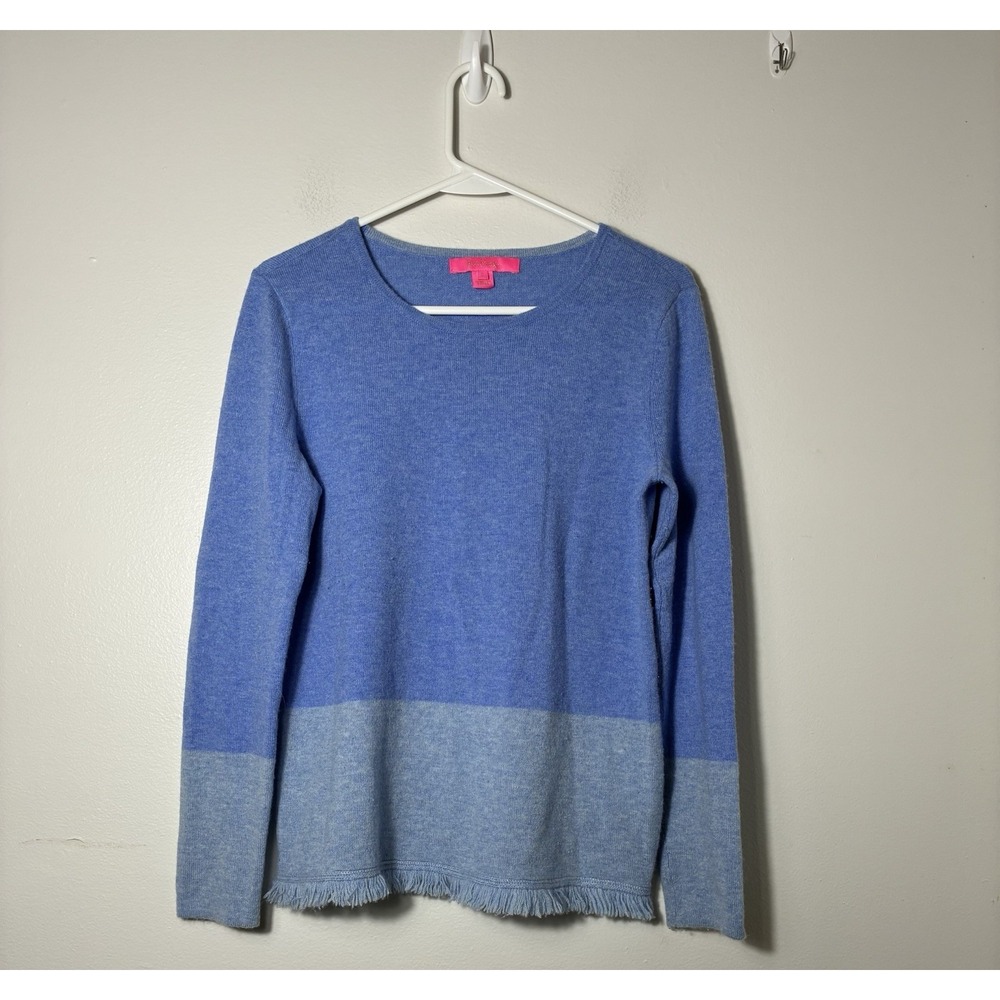 Lilly Pulitzer Rica 100%‎ Cashmere Blue Block Sweater With Fringe Sz Small Comfy - Picture 3 of 9